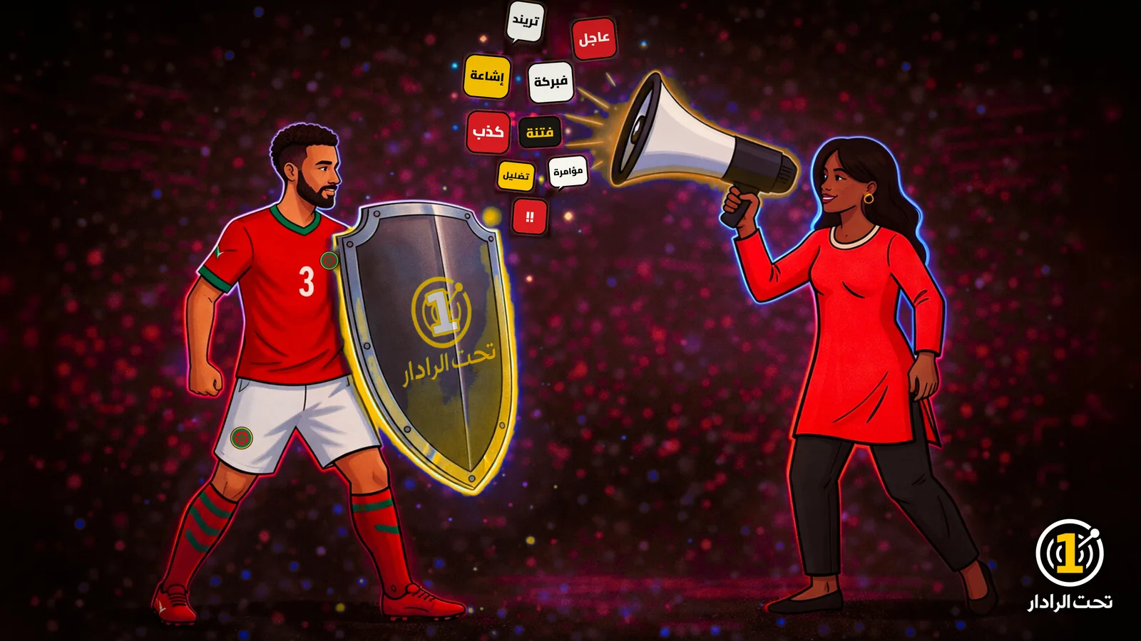 كاريكاتير: لاعب بقميص المنتخب المغربي الأحمر يحمل درعًا عليه شعار تحت الرادار، أمام امرأة تصرخ في مكبّر صوت تخرج منه وسوم «عاجل» و«تريند» و«إشاعة» و«فبركة» و«فتنة» و«كذب» و«مؤامرة» و«تضليل».